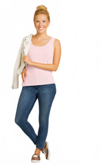 Pearl Pink Scoop Neck Sleeveless Tank Top Full Length Angled View with Jacket - Wrinkle-Free Made in USA | JudyP Apparel