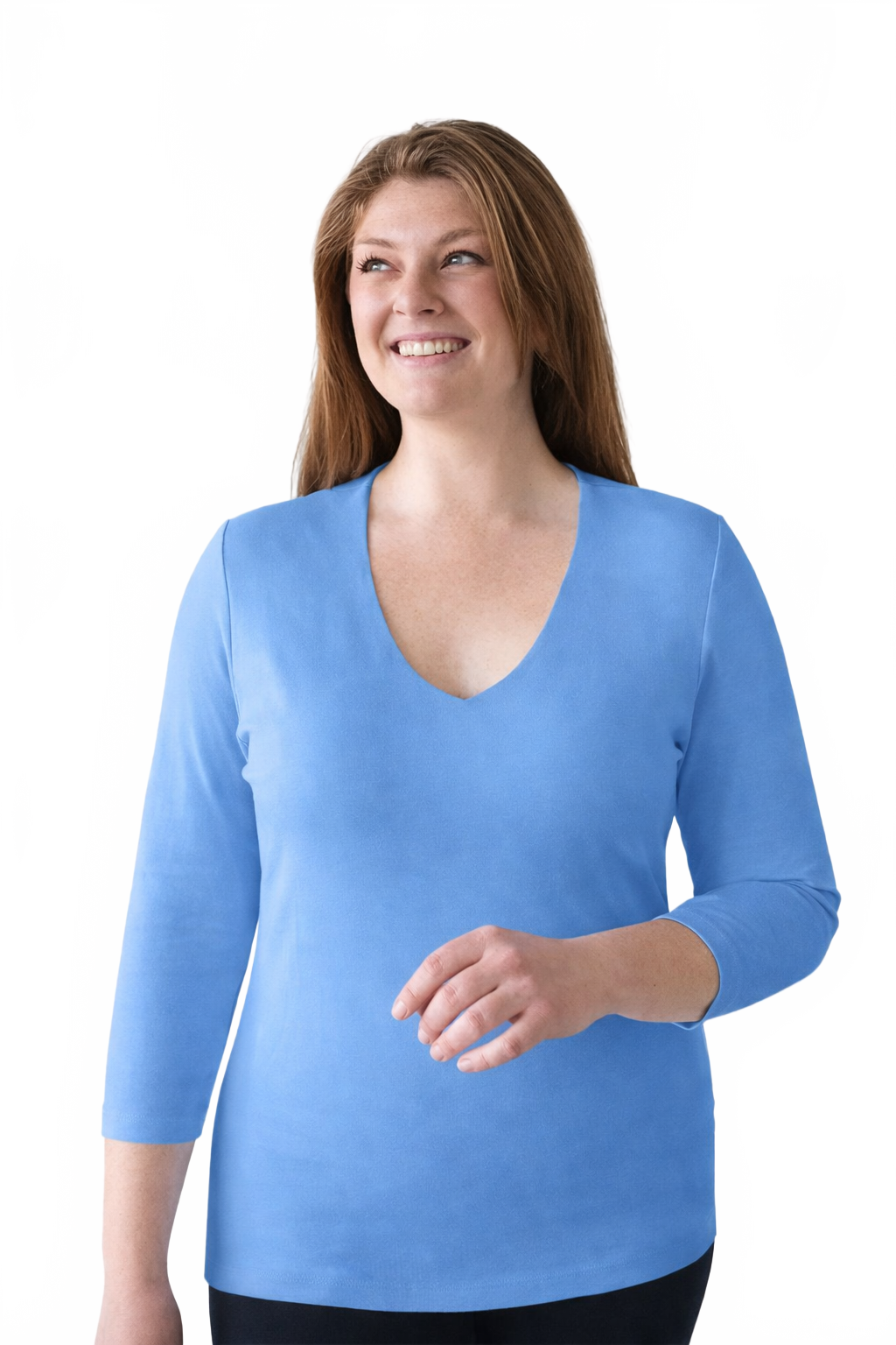 Cerulean V-Neck 3/4 Sleeve Top Front View - Flattering Fit | JudyP Apparel