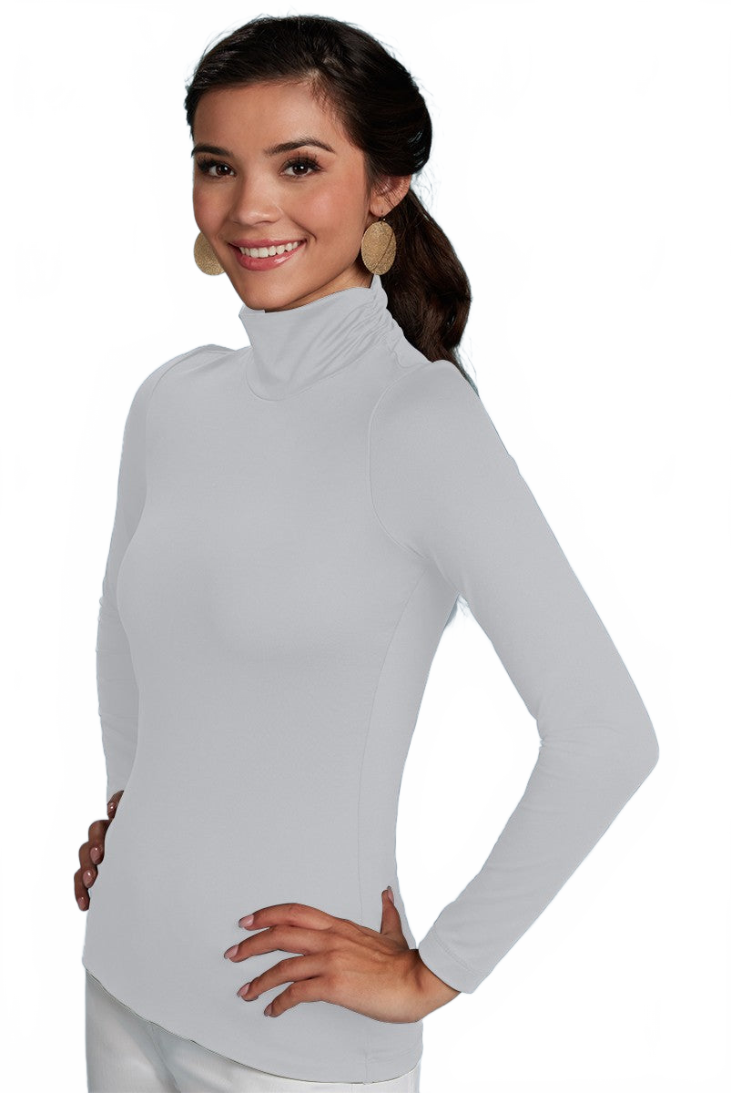 Silver Turtleneck Long Sleeve Top Angled View - Travel Clothing | JudyP Apparel