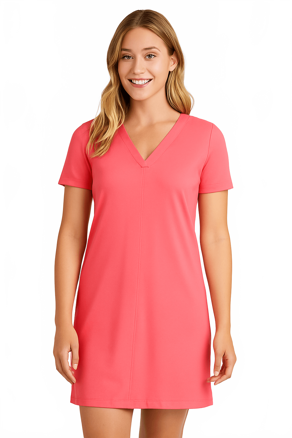 Coral V-Neck Short Sleeve Dress Front View - Wrinkle-Free | JudyP Apparel