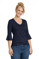 Navy V-Neck 3/4 Sleeve Top Front View - Machine Washable | JudyP Apparel