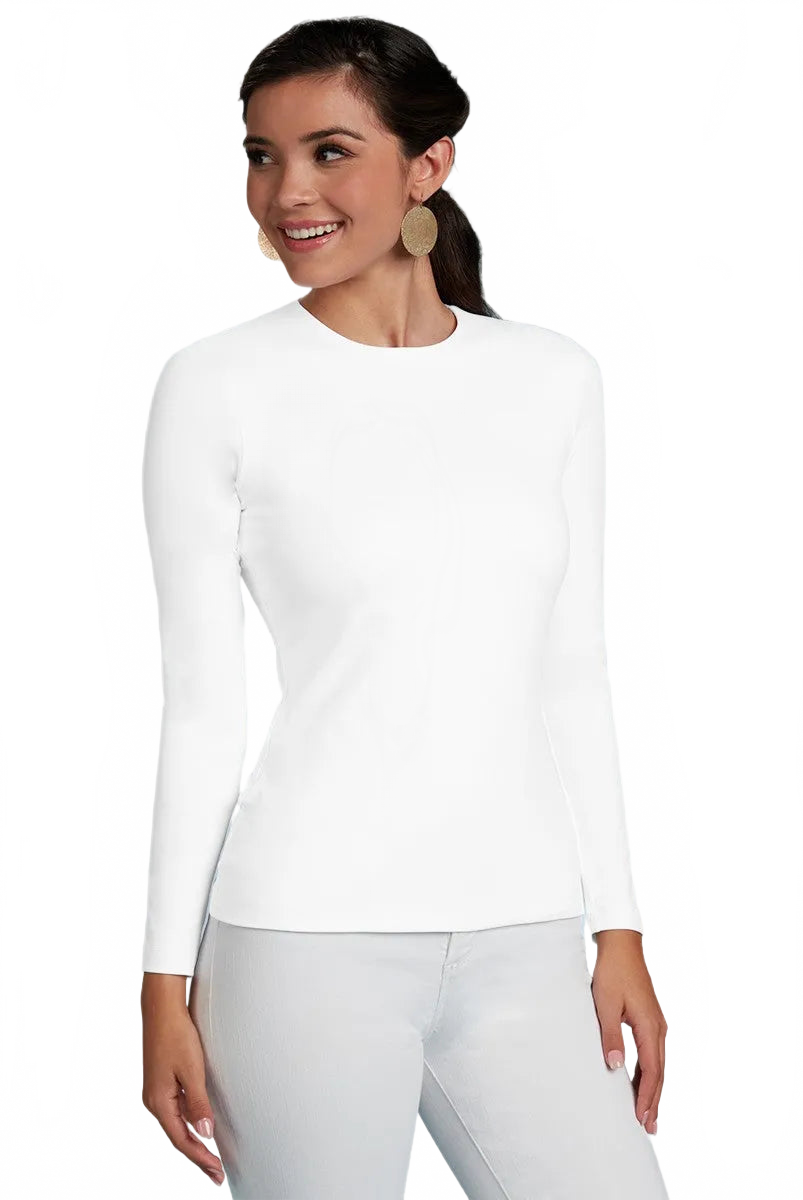 Khaki Crewneck Long Sleeve Top Front View - Wrinkle-Free Elevated Basic | JudyP Apparel