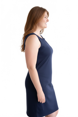 Navy Boatneck Sleeveless Dress Angled Side View - Wrinkle-Free Travel Clothing | JudyP Apparel