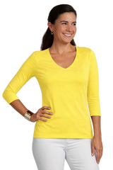 Chartreuse V-Neck 3/4 Sleeve Top Front View - Made in USA | JudyP Apparel