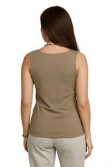 Natural Khaki Scoop Neck Sleeveless Tank Top Back View - Wrinkle-Free Machine Washable Travel Clothing | JudyP Apparel