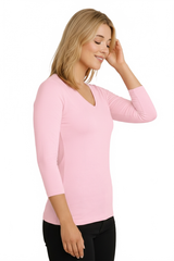Blush V-Neck 3/4 Sleeve Top Angled View - Moisture Wicking Flattering Fit | JudyP Apparel