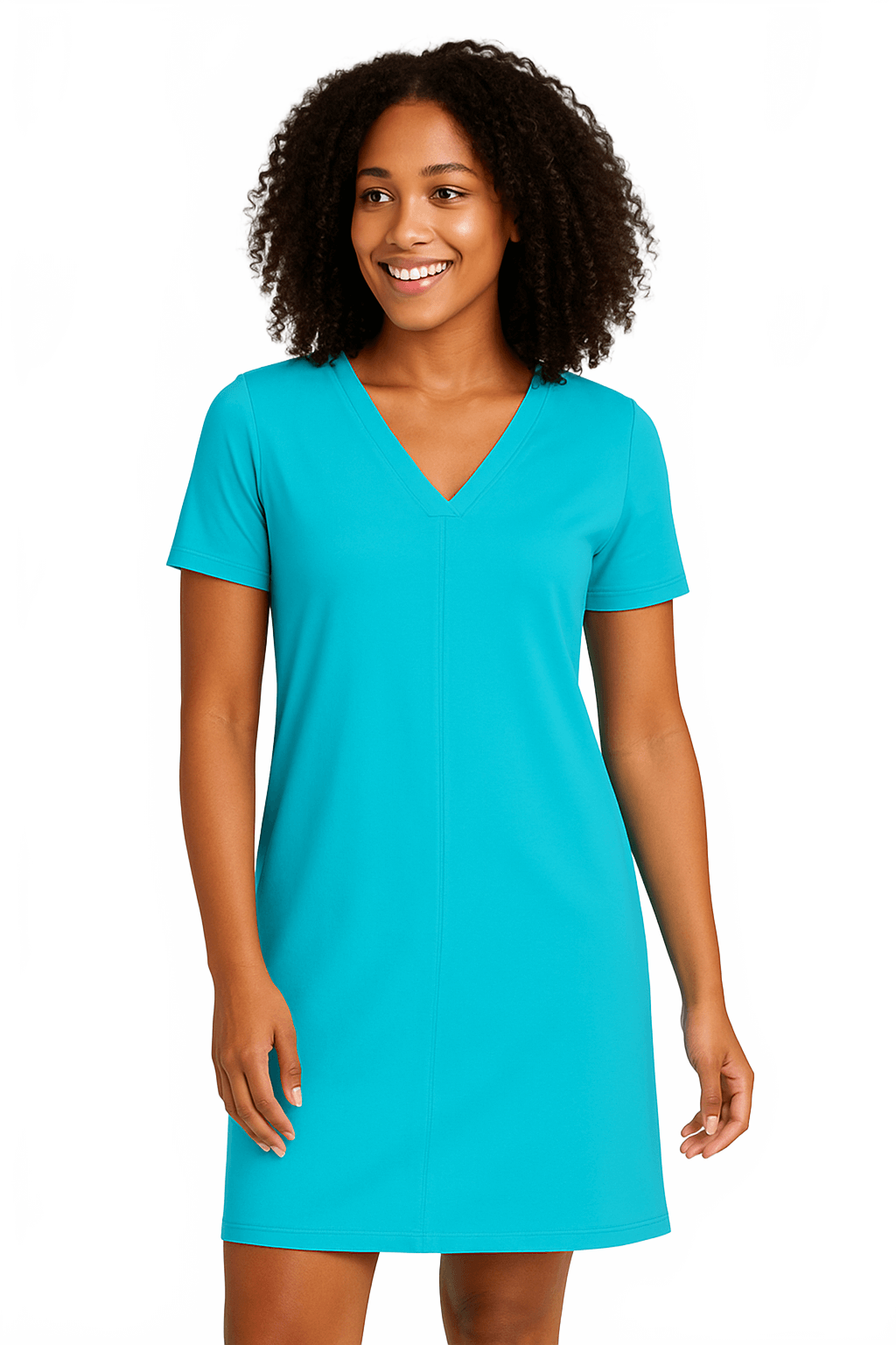Turquoise V-Neck Short Sleeve Dress Front View - UPF 50 | JudyP Apparel