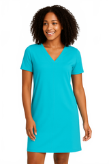 Turquoise V-Neck Short Sleeve Dress Front View - UPF 50 | JudyP Apparel