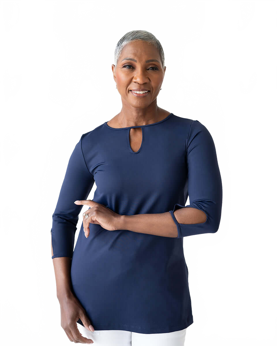 Navy Keyhole Neck 3/4 Sleeve Tunic Angled View - Machine Washable | JudyP Apparel