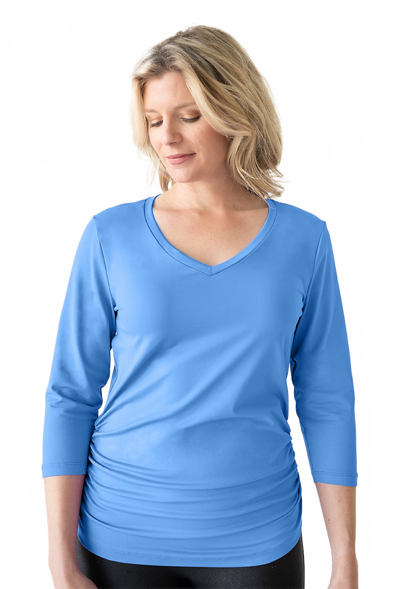 Cerulean V-Neck 3/4 Sleeve Top Front View - Moisture Wicking | JudyP Apparel