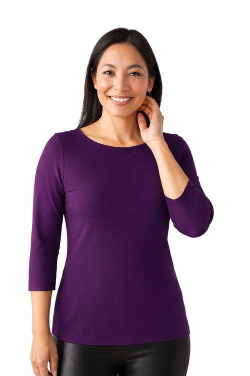 Imperial Purple Boatneck 3/4 Sleeve Top Front View - Wrinkle-Free Elevated Basic Machine Washable | JudyP Apparel