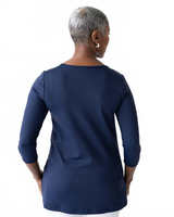 Navy Crewneck 3/4 Sleeve Tunic Back View - Flattering Fit | JudyP Apparel