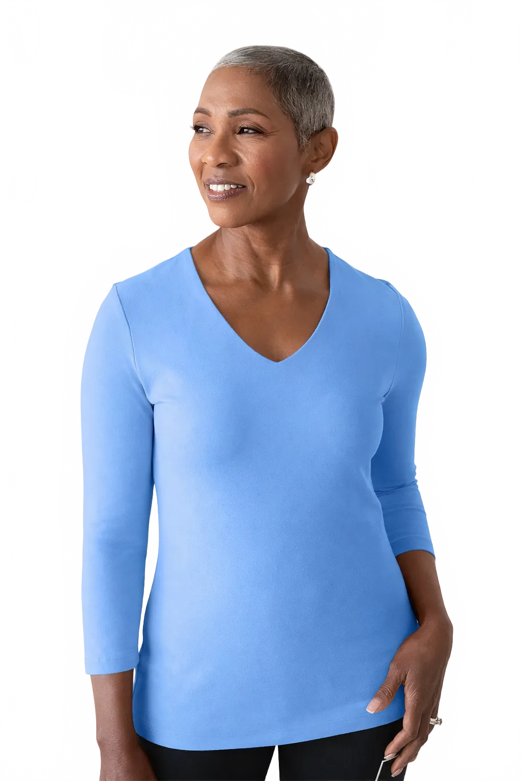 Cerulean V-Neck 3/4 Sleeve Top Angled View - Elevated Basic | JudyP Apparel