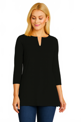 Black V-Neck 3/4 Sleeve Tunic Front - Machine Washable | JudyP Apparel