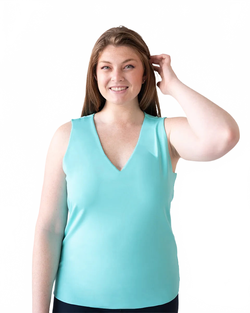 Aqua V-Neck Sleeveless Tank Top Front View - Wrinkle-Free Made in USA | JudyP Apparel