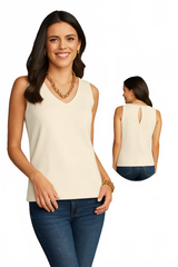 Cream Scoop Neck Sleeveless Top Front View - Made in USA Moisture Wicking Elevated Basic | JudyP Apparel