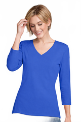 Bright Royal V-Neck 3/4 Sleeve Top Angled View - Elevated Basic | JudyP Apparel