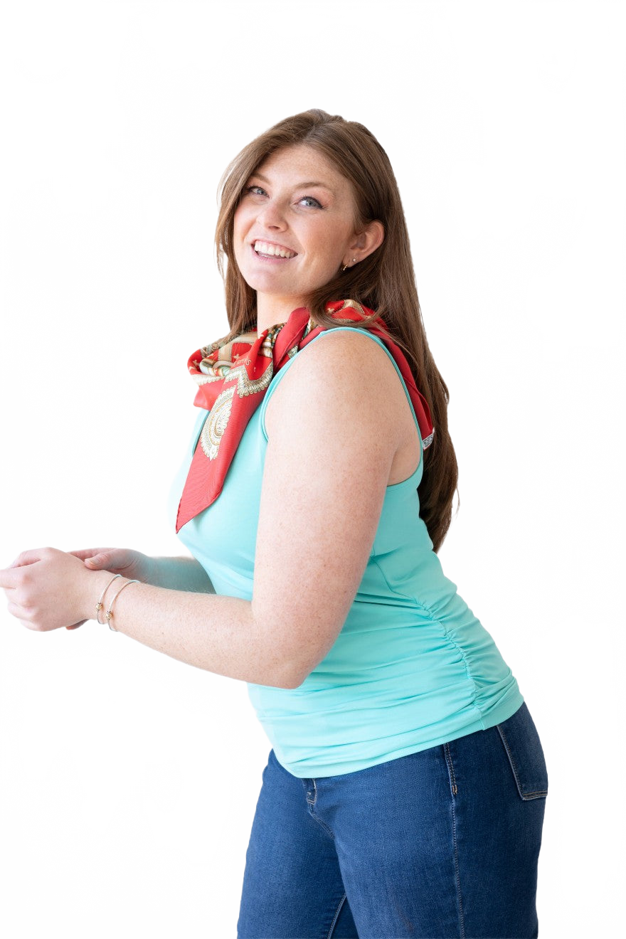 Turquoise Scoop Neck Sleeveless Tank Top Side Profile - Flattering Fit | JudyP Apparel