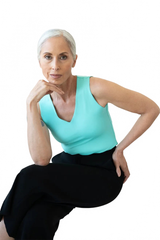 Aquamarine V-Neck Sleeveless Tank Top Seated - Moisture Wicking Flattering Fit Travel Clothing | JudyP Apparel