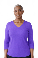Imperial Purple V-Neck 3/4 Sleeve Top Front View - Wrinkle-Free Elevated Basic | JudyP Apparel