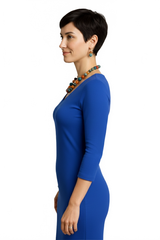 Cobalt V-Neck 3/4 Sleeve Top Side View - Moisture Wicking Made in USA | JudyP Apparel