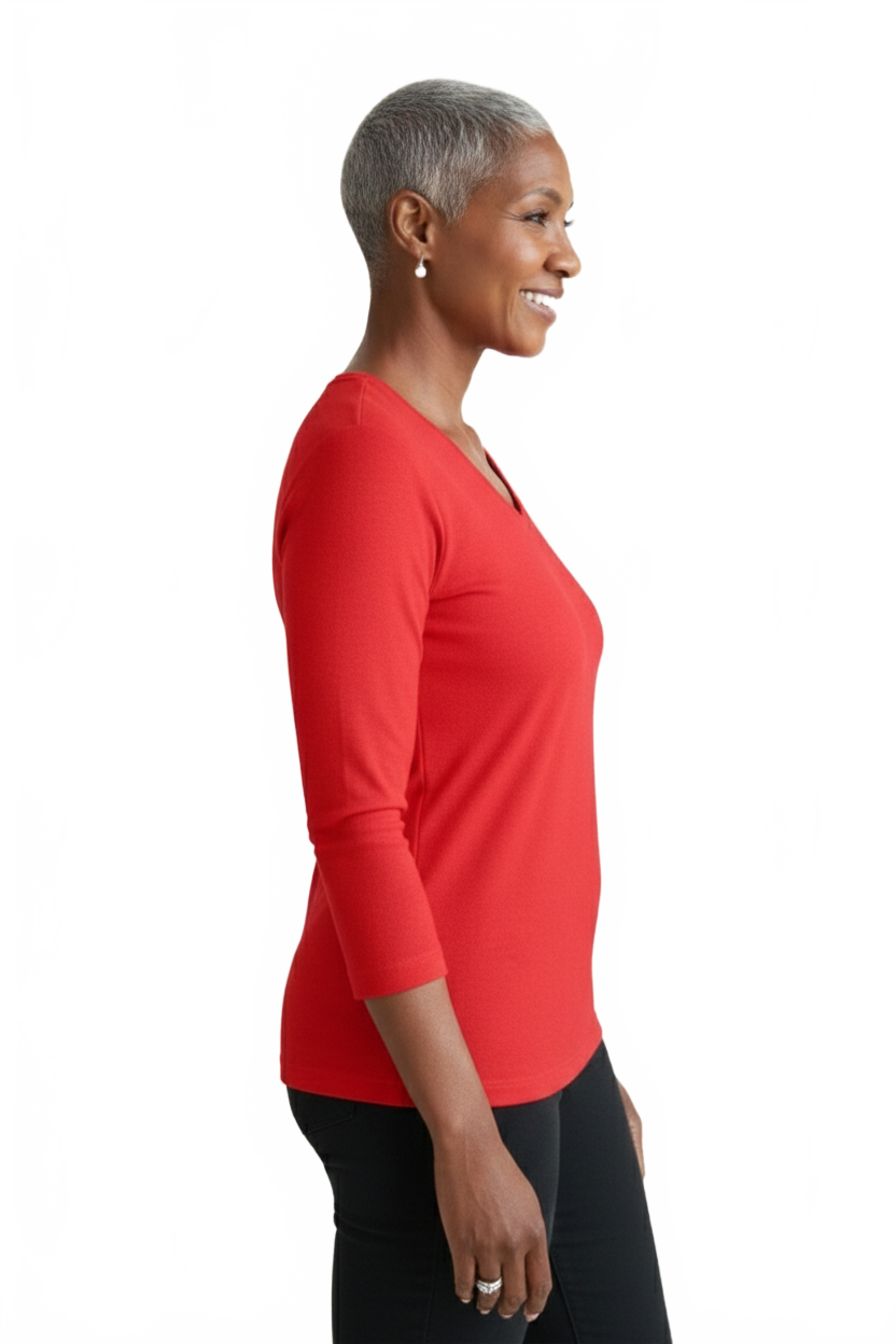 Razzmatazz V-Neck 3/4 Sleeve Top Side Profile View - UPF 50 Flattering Fit | JudyP Apparel