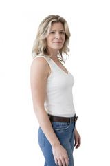White V-Neck Sleeveless Tank Top Angled Side View - Moisture Wicking Elevated Basic | JudyP Apparel