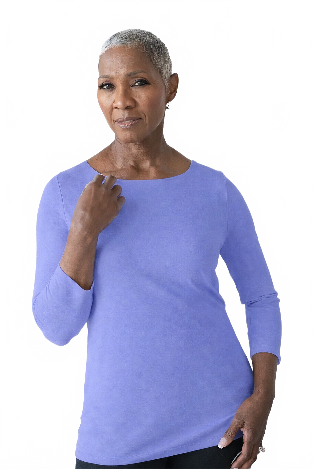 Very Peri Boatneck 3/4 Sleeve Top Angled View - UPF 50 Flattering Fit | JudyP Apparel