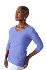 Very Peri V-Neck 3/4 Sleeve Top Angled View - Made in USA | JudyP Apparel