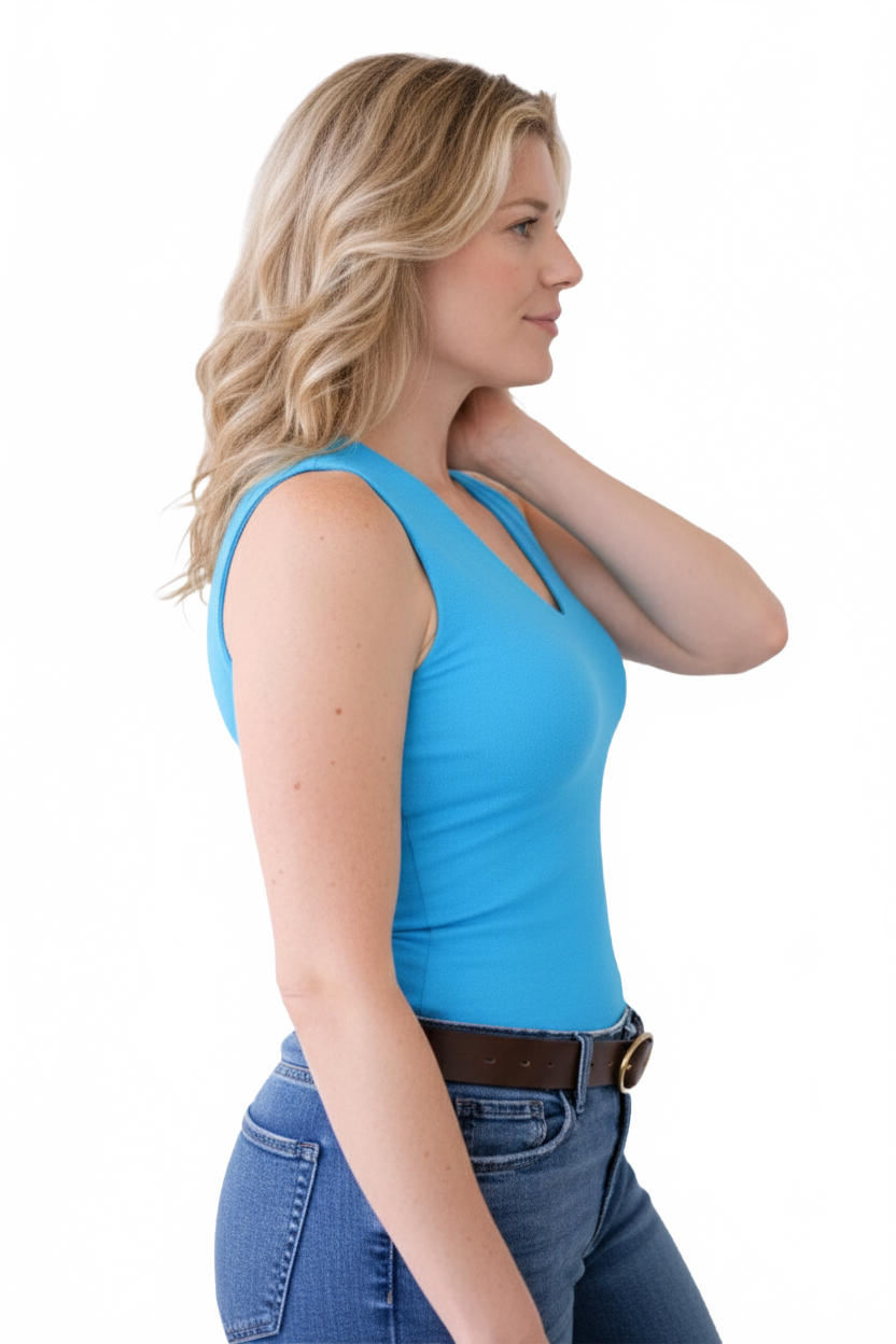 Cerulean V-Neck Sleeveless Tank Top Side View - UPF 50 Travel Clothing | JudyP Apparel