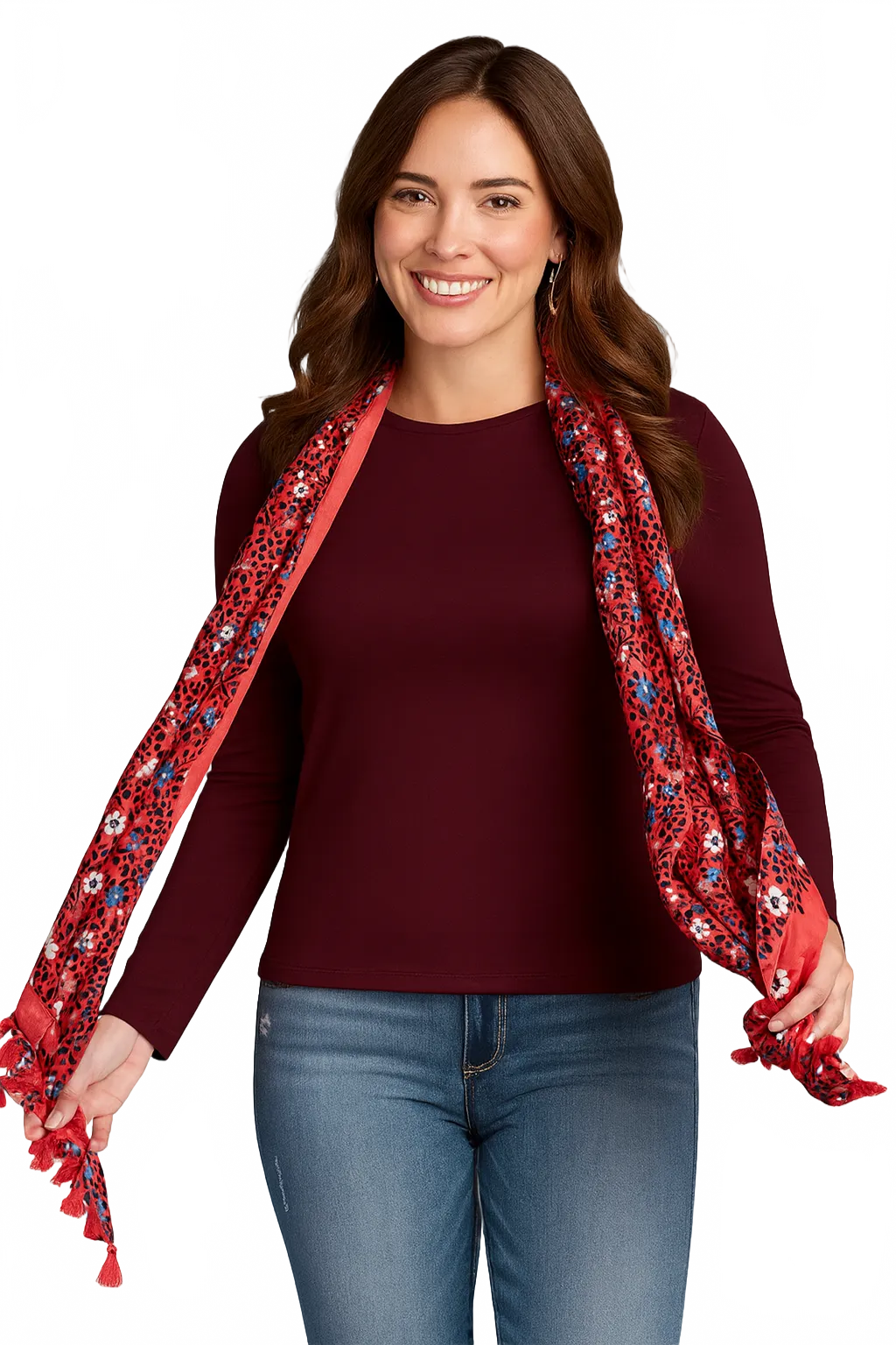 Burgundy Crewneck Long Sleeve Top Front View - Elevated Basic Travel Clothing | JudyP Apparel
