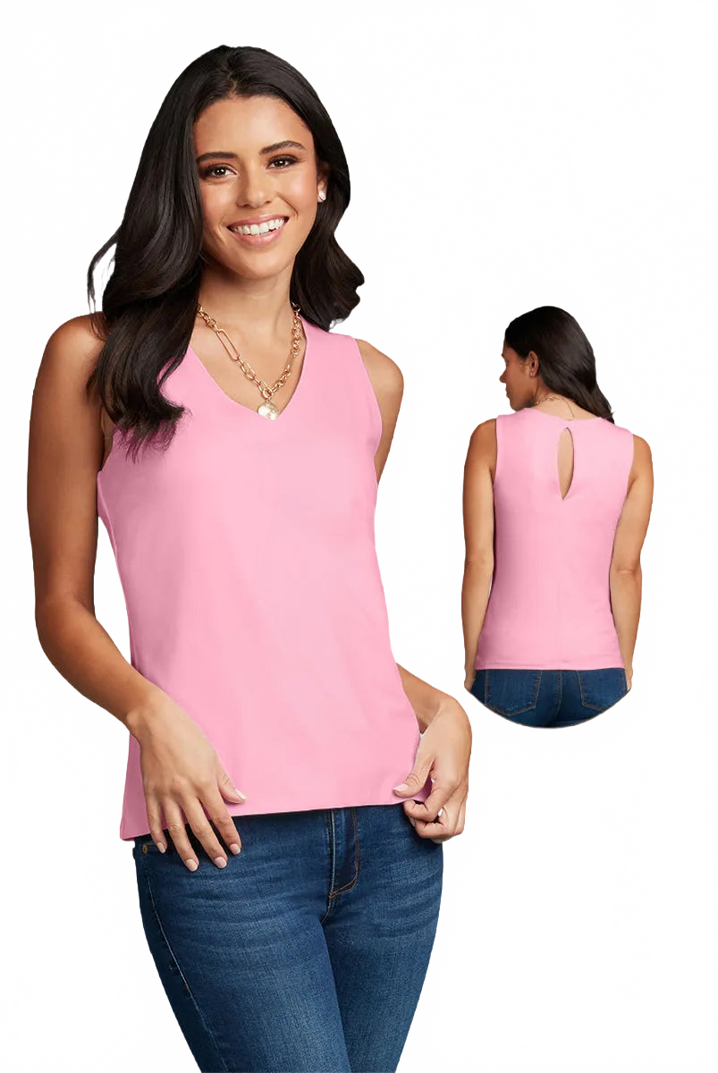 Peony V-Neck Sleeveless Tank Top - Keyhole Back Detail Travel Clothing Flattering Fit | JudyP Apparel
