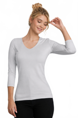 Ivory V-Neck 3/4 Sleeve Top Angled View - Made in USA | JudyP Apparel