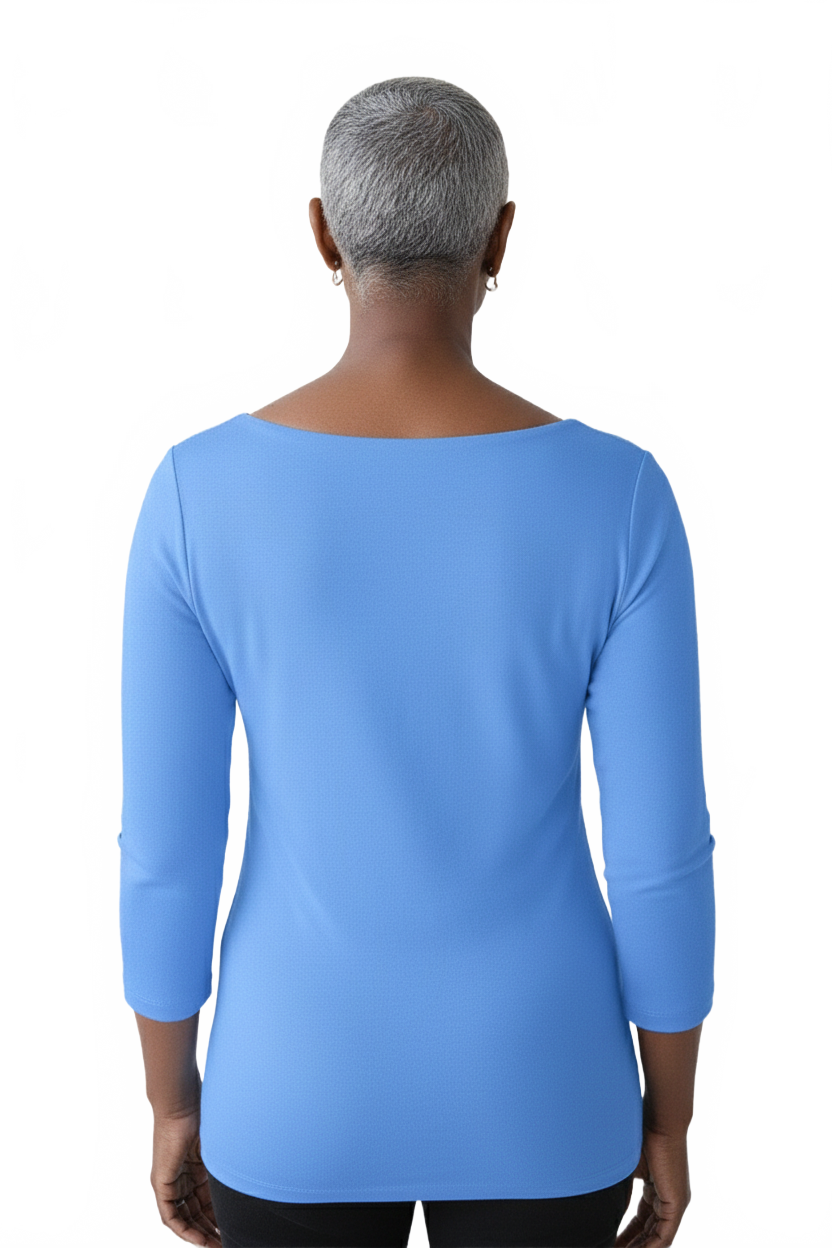 Cerulean Boatneck 3/4 Sleeve Top Back View - Wrinkle-Free Travel Clothing | JudyP Apparel
