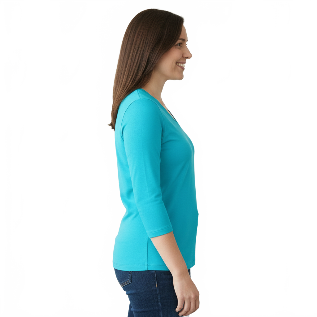 Turquoise V-Neck 3/4 Sleeve Top Side Profile - Made in USA | JudyP Apparel