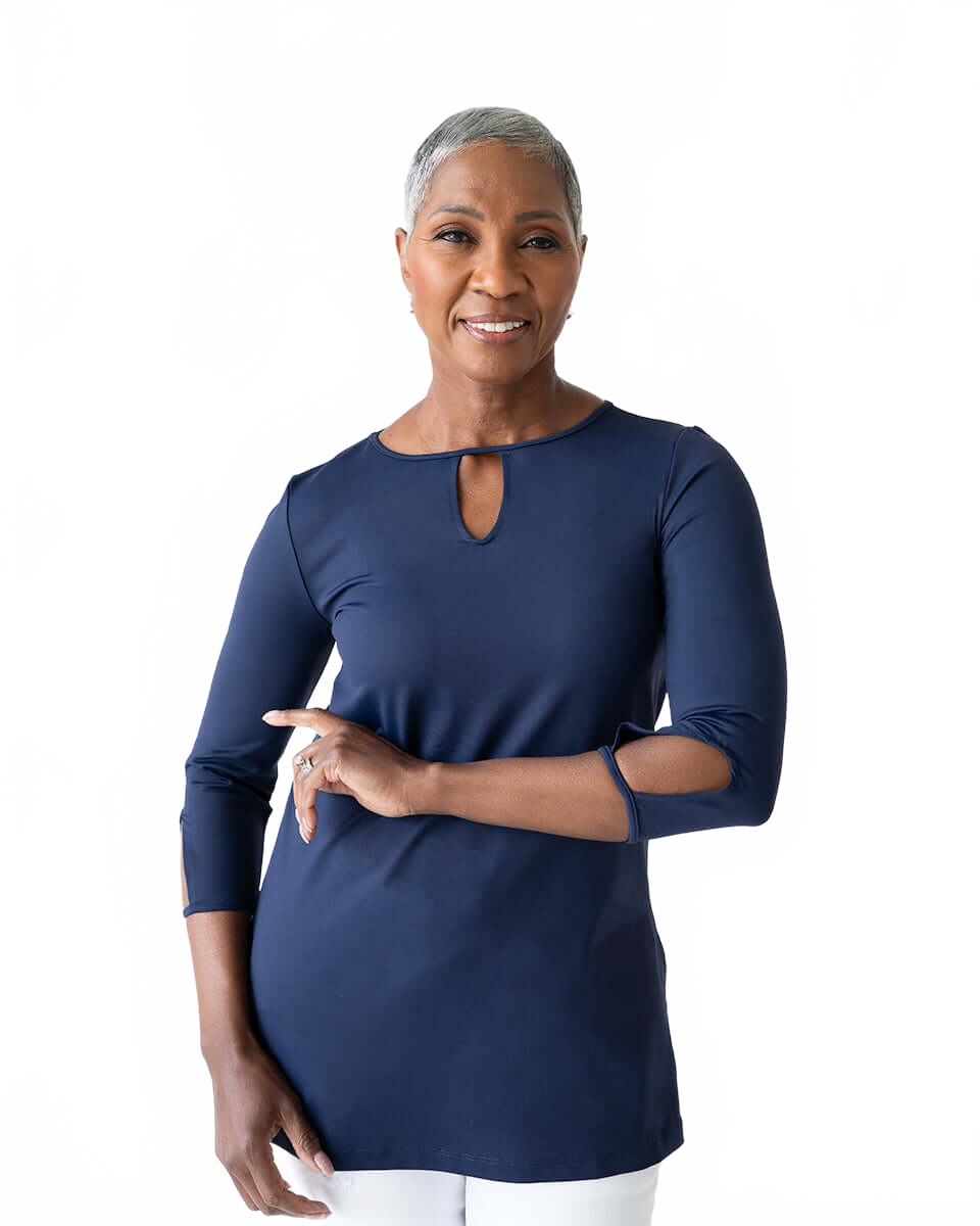Navy Crewneck 3/4 Sleeve Top Front View - Made in USA | JudyP Apparel