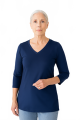 Navy V-Neck 3/4 Sleeve Tunic Front View - Travel Clothing | JudyP Apparel
