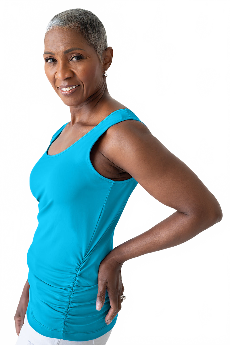 Turquoise Scoop Neck Sleeveless Tank Top Angled View - UPF 50 | JudyP Apparel