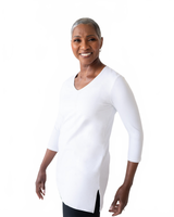 White V-Neck 3/4 Sleeve Tunic Top Angled Front View - UPF 50 Flattering Fit | JudyP Apparel