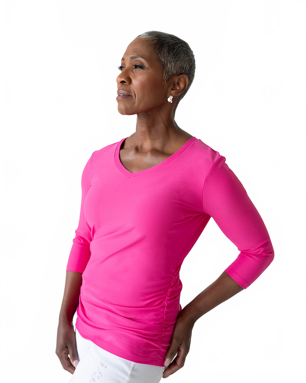 Bougainvillea V-Neck 3/4 Sleeve Top Angled View - UPF 50 | JudyP Apparel