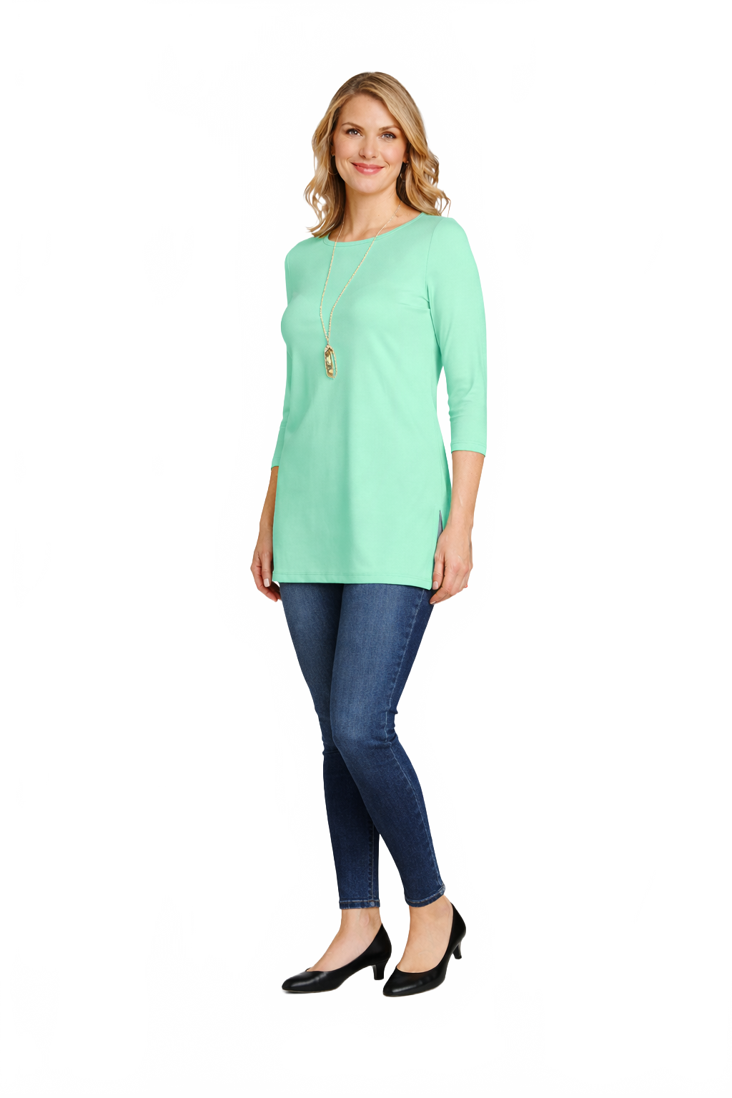 Turquoise Crewneck 3/4 Sleeve Tunic Full Length View - Flattering Fit | JudyP Apparel