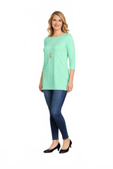 Turquoise Crewneck 3/4 Sleeve Tunic Full Length View - Flattering Fit | JudyP Apparel