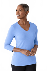 Cerulean V-Neck 3/4 Sleeve Top Angled View - Wrinkle-Free | JudyP Apparel