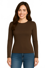Espresso Crewneck Long Sleeve Top Front View - Wrinkle-Free Elevated Basic | JudyP Apparel