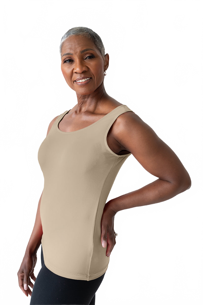 Tan Scoop Neck Sleeveless Tank Top Angled Front View - Moisture Wicking Made in USA | JudyP Apparel