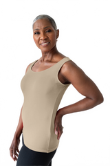 Tan Scoop Neck Sleeveless Tank Top Angled Front View - Moisture Wicking Made in USA | JudyP Apparel
