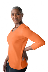 Tangerine V-Neck 3/4 Sleeve Top Angled View - Elevated Basic | JudyP Apparel
