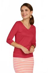 Crimson V-Neck 3/4 Sleeve Top Angled View - Wrinkle-Free | JudyP Apparel