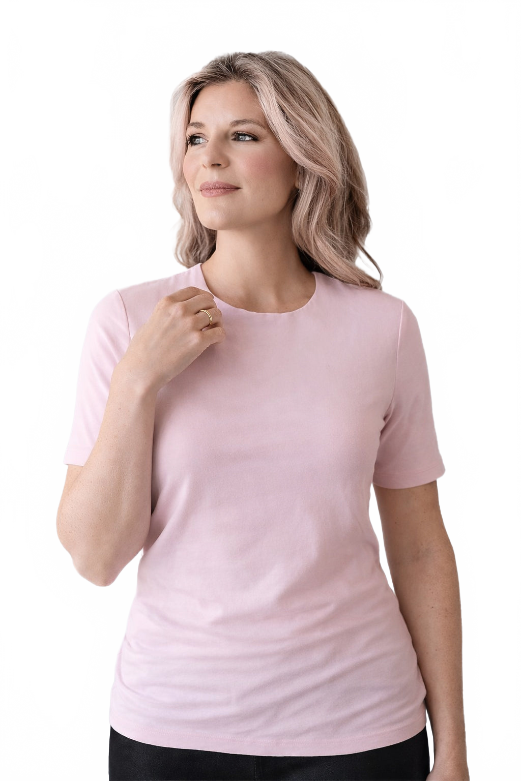 Blush Crewneck Short Sleeve Top Angled View - Flattering Fit Made in USA | JudyP Apparel