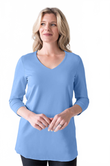 Cerulean V-Neck 3/4 Sleeve Tunic Front View - Travel Clothing | JudyP Apparel